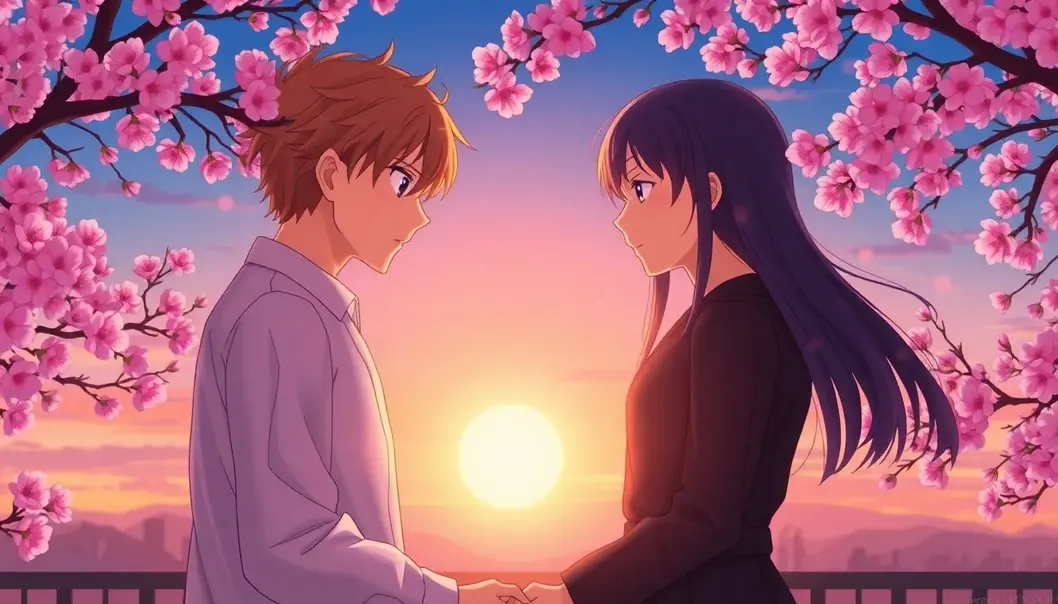 Anime characters exemplify emotional dialogue amidst cherry blossoms.