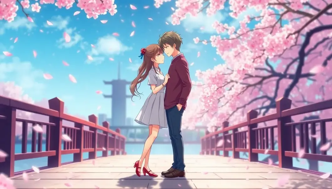 An anime couple on a bridge with cherry blossoms, symbolizing connection.