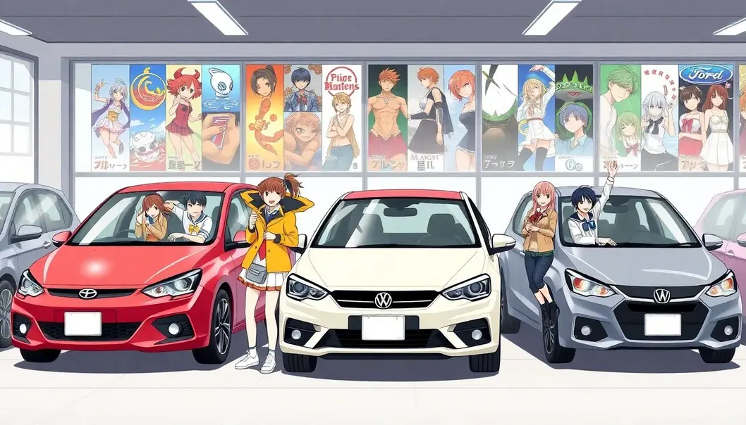 A futuristic showroom showcasing subscription-based cars inspired by anime aesthetics.