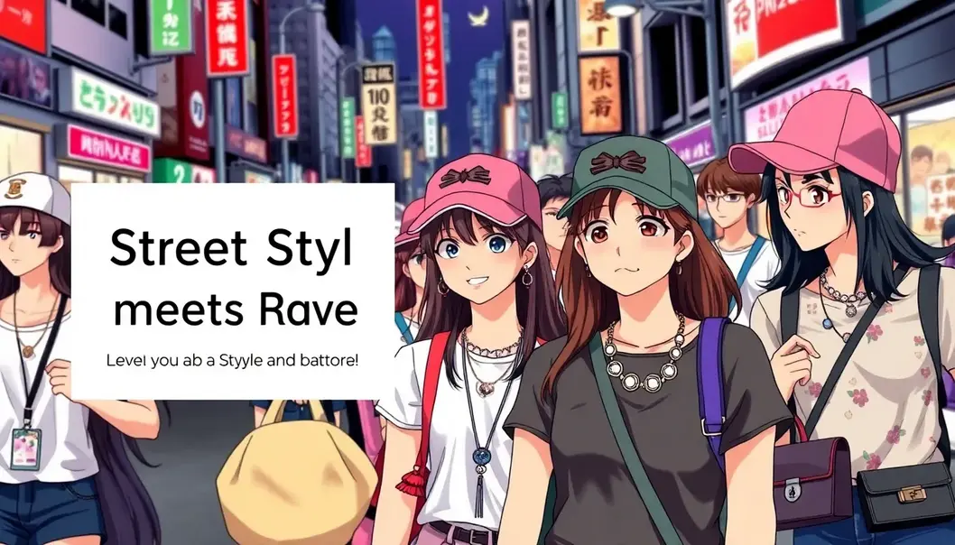 Group of individuals in an urban street, wearing anime-themed caps, jewelry, and bags.