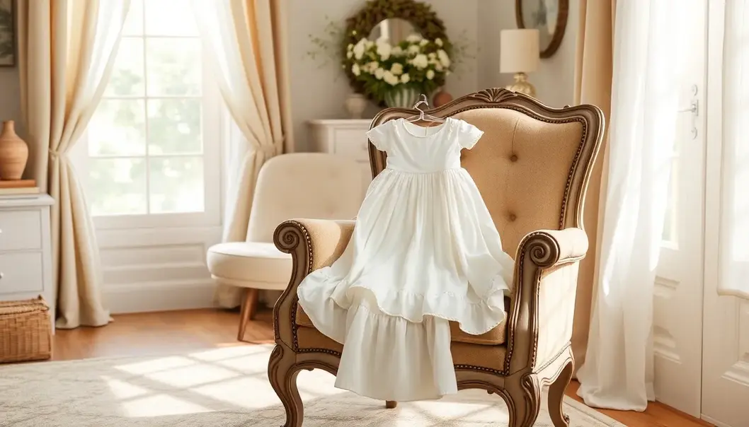 A classic cotton baby dress complements plush interior decor.