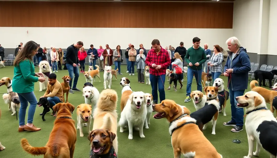 Pet owners gather at a park, engaging in lively conversations instigated by their playful pets.