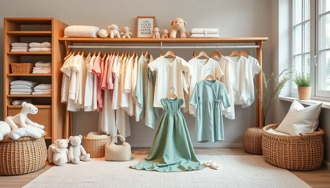 A collection of baby clothes in an artistic gallery style setting.