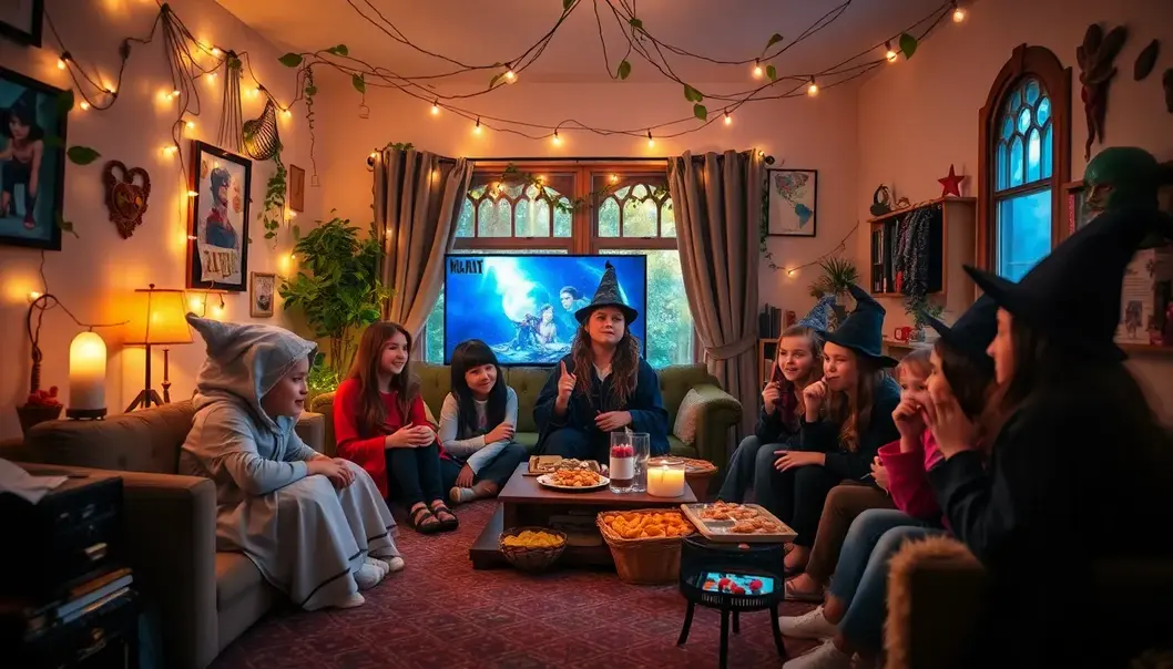 Retro movie night setup with 80s and 90s themed decorations and snacks.