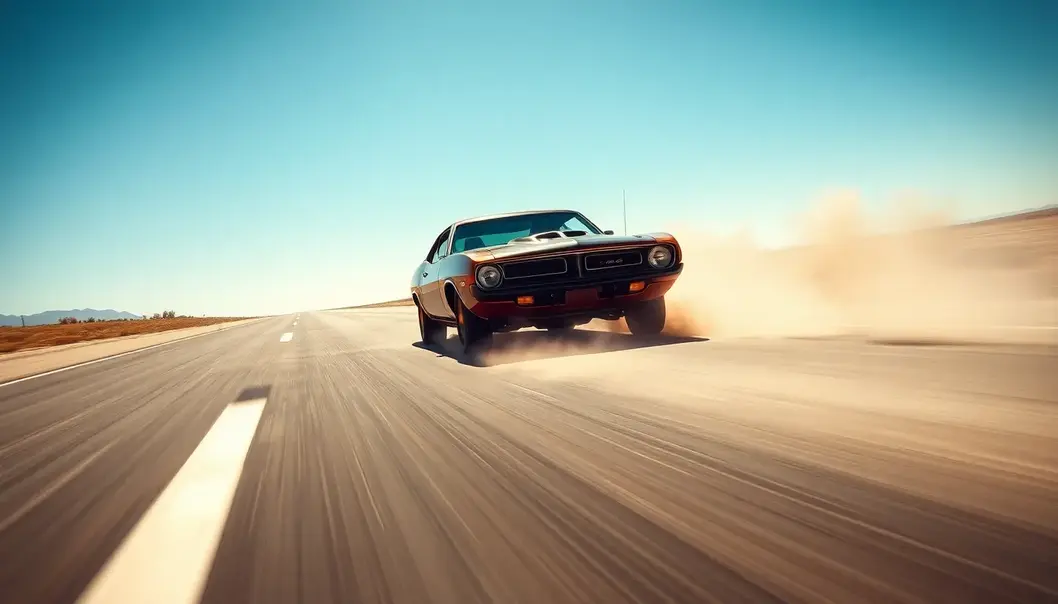 A muscle car in full speed on an open road, leaving a trail of dust.