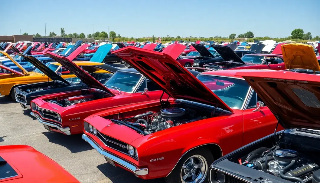 A lineup of iconic muscle cars on display at a classic car show.