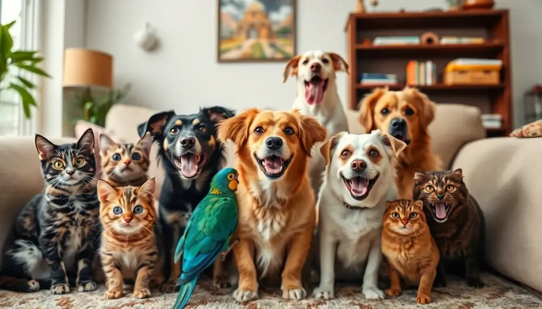 A variety of pets with humorous expressions, lounging in a cozy living room.