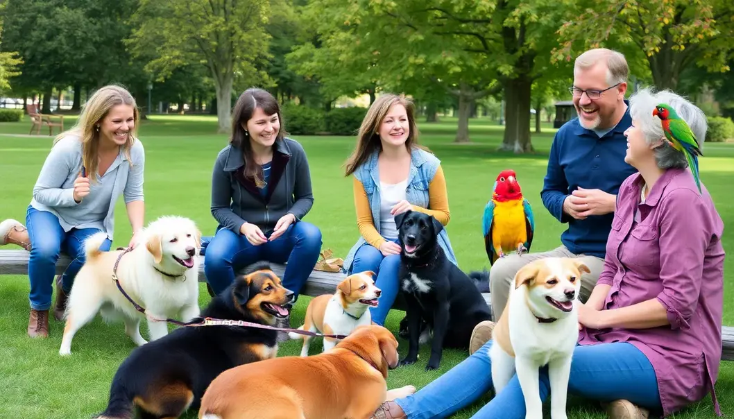 Pet owners gather at a park, engaging in lively conversations instigated by their playful pets.