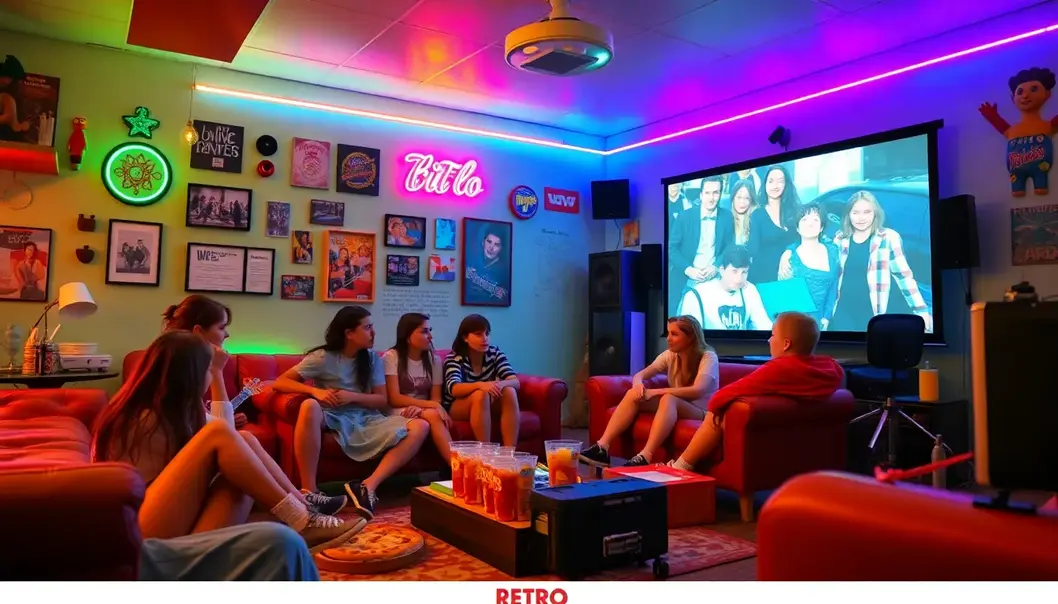 Retro movie night setup with 80s and 90s themed decorations and snacks.