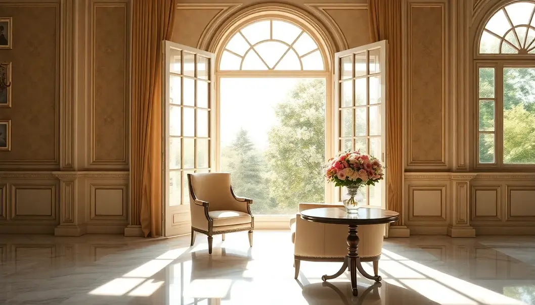 An opulent setting with an armchair near a sunlit window symbolizing tranquility and self-reflection.