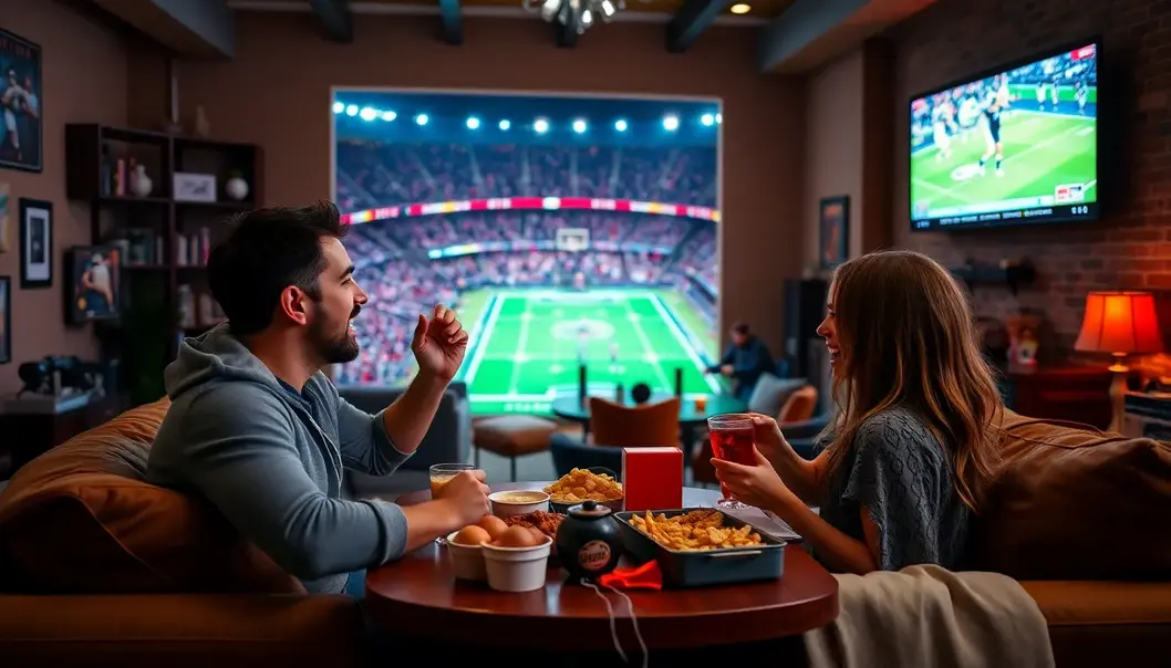 Couple engaging in a sports-themed date night setup with decor and snacks