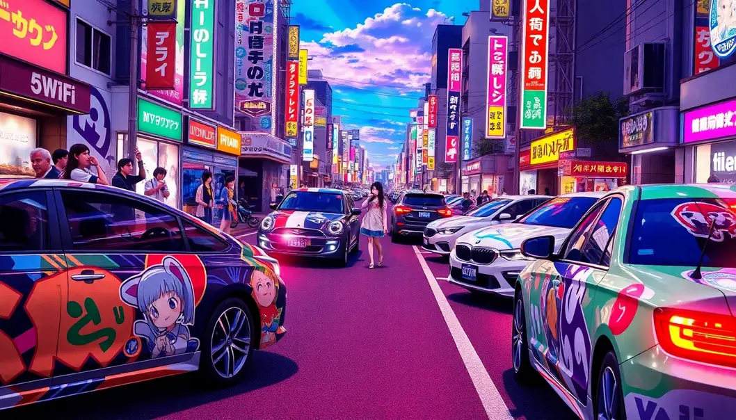 Urban street scene with anime-decorated subscription cars and cosplay fans.
