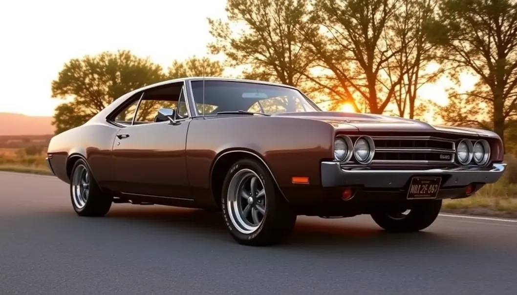 A lineup of iconic muscle cars on display at a classic car show.